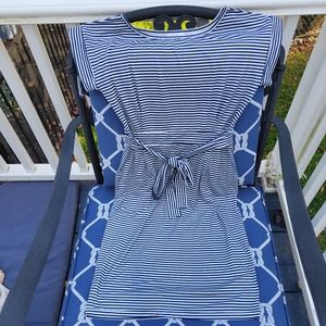 Miselon Short Sleeve Tie Waist Dress w/ Pockets Navy & White Striped RIPPED SEAM